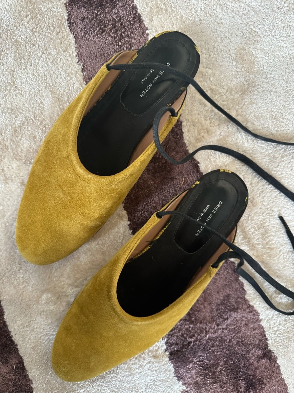 Dries Van Noten Suede Mules 38 Almond Pointed Toe Ballet Flat Laces Gold Yellow - Picture 2 of 9